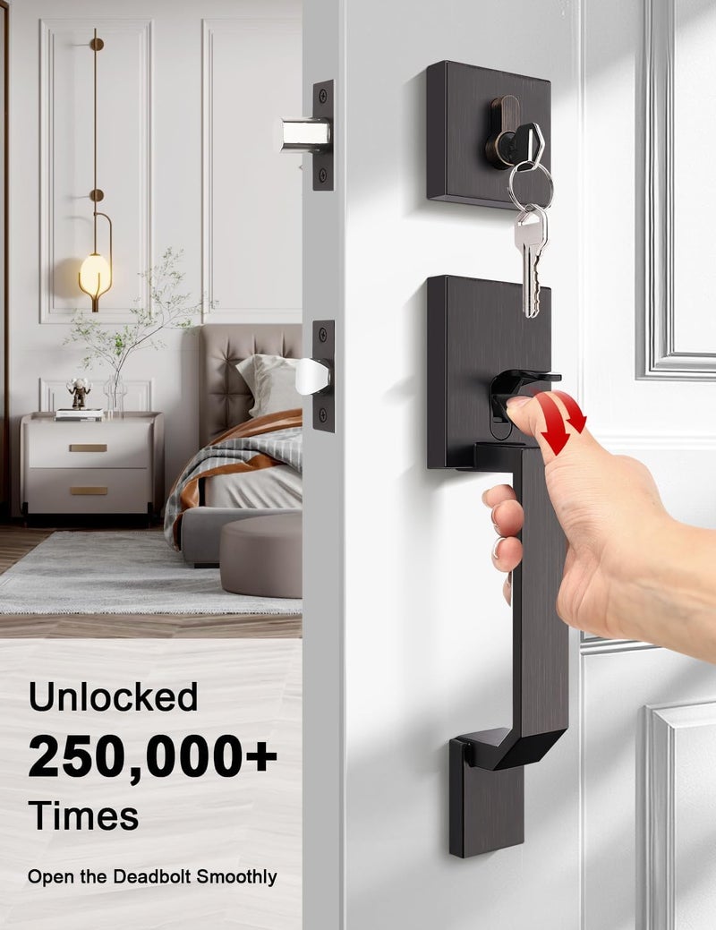 Tinewa Oil Rubbed Bronze Square Front Door Handle with Classic Door Lever and Single Cylinder Deadbolt, Upgrated Exterior Entry Door Lock, Reversible for Left & Right Handed 1 Pack - Image 4